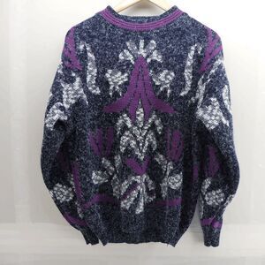 Vintage 80s Zepplin Abstract Biggy Acrylic Cosby Cookie Sweater Mens Medium Blue